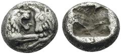Greek KINGS OF LYDIA. Kroisos, circa 560-546 BC. 1/12 Stater (8 mm, 0.81 g), Sardes. On the left, forepart of lion with open mouth to right confronting, on the right, forepart of bull to left. Rev. In