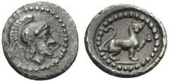 Greek LYCIA. Tlos. Uncertain dynast, circa 400 BC. Hemiobol (Silver, 7 mm, 0.37 g, 9 h), Helmeted head of Athena to right. Rev. Lion standing to right, raising forepaw. Unpublished in standard referen