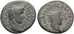 Roman Imperial & Provincial LYDIA. Tripolis. Tiberius, 14-37. (Bronze, 18 mm, 5.80 g, 1 h), TIBEPION ΚΑΙΣΑΡΑ ΤΡΙΠΟΛΕΙΤΑΙ Laureate head of Tiberius to right. Rev. ΜΕΝΑΝΔΡΟΣ ΦΙΛΟΚΑΙ / TO Δ. Radiate head