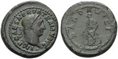 Roman Imperial & Provincial Trajan, 98-117. Quadrans (Bronze, 17 mm, 3.79 g, 5 h), IMP CAES NERVA TRAIAN AVG Laureate head of Trajan to right. Rev. DARDANICI Ceres(?) standing to left, holding grain e