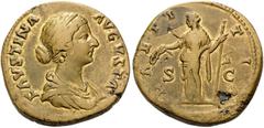 Roman Imperial & Provincial Faustina Junior, Augusta, 147-175. Sestertius (Orichalcum, 31 mm, 27.05 g, 12 h), Rome, struck under Marcus Aurelius, 161-176. FAVSTINA AVGVSTA Draped bust of Faustina to r