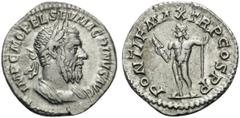 Roman Imperial & Provincial Macrinus, 217-218. Denarius (Silver, 20 mm, 3.11 g, 6 h), Rome, April-December 217. IMP C M OPEL SEV MACRINVS AVG Laureate and cuirassed bust of Macrinus to right. Rev. PON