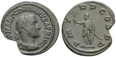 Roman Imperial & Provincial Gordian I, 238. Denarius (Billon, 20 mm, 1.90 g, 1 h), IMP M ANT GORDIANVS AFR AVG Laureate, draped and cuirassed bust of Gordian to right. Rev. P M TR P COS P P Emperor st