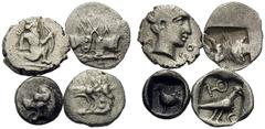 Large Lots GREEK. An interesting lot of 4 silver fractionals. Includes: Miletos, Tetartemorion, SNG Kayhan 940-943; Cilicia, Uncertain, Tetartemorion with Great King or Hero in running stance on obver