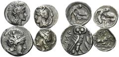 The Stoecklin Collection, Part II - Greek CALABRIA. Tarentum. (Silver, 6.12 g). Lot of Four AR Fractions From Tarentum. 1. AR Drachm, 14mm, 3.10 g. HN III, 975. 2. AR Diobol, 12 mm, 1.03 g. HN III, 91