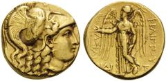 The Stoecklin Collection, Part II - Greek KINGS OF MACEDON. Philip III Arrhidaios, 323-317 BC. Stater (Gold, 17 mm, 8.55 g, 8 h), Babylon. Head of Athena to right, wearing Corinthian helmet adorned wi
