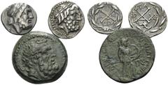 The Stoecklin Collection, Part II - Greek Achaian League. (13.43 g). Lot of Three Coins of the Achaian League. 1. Patrai, AR Hemidrachm, 16 mm, 2.36 g, 7h. BCD Peloponnesos 508.2. 2. Patrai, AE Hexach
