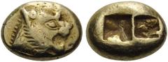The Stoecklin Collection, Part II - Greek KINGS OF LYDIA. Alyattes II to Kroisos, circa 610-546 BC. Third stater (Electrum, 14 mm, 4.74 g), Sardes. Head of roaring lion to right; on forehead, sun with