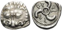 Greek DYNASTS OF LYCIA. Vekhssere II, circa 410-390/80 BC. Tetrobol (Silver, 15 mm, 3.13 g, 2 h). Lion's scalp facing. Rev. FA-KS-SE around triskeles. SNG von Aulock 4201. Lightly toned. About extreme