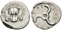 Greek DYNASTS OF LYCIA. Trbbenimi, circa 390-370 BC. Tetrobol (Silver, 17 mm, 3.14 g). Lion's scalp facing. Rev. TPB-BEN-EME around triskeles. SNG von Aulock 4215. Lightly toned example. About extreme