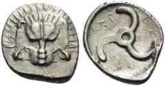 Greek DYNASTS OF LYCIA. Perikles, circa 380-360 BC. Tetrobol (Silver, 18 mm, 2.86 g). Lion's scalp facing. Rev. ΠΕP-ΕΚ-ΛE around triskeles. SNG von Aulock 4255. Well centered lustrous example. Minor d