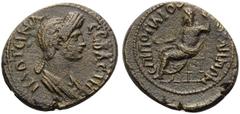 Roman Imperial & Provincial LYDIA. Gordus-Julia. Plotina, Augusta, 105-123. (Bronze, 18 mm, 4.09 g, 12 h), Poplius. ΠΛΩΤEΙΝΑ СEΒΑСΤΗ Draped bust of Plotina to right. Rev. ΓΟΡΔΗΝΩΝ EΠΙ ΠΟΠΛΙΟΥ Zeus sea