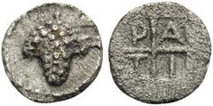 Greek MACEDON. Tragilos. Circa 450-400 BC. Tetartemorion (Silver, 6 mm, 0.17 g, 9 h). Grape bunch. Rev. TPAI within quarters of quadripartite incuse square. SNG Copenhagen 447 var. (arrangement of rev