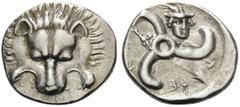 Greek DYNASTS OF LYCIA. Perikles, circa 380-360 BC. Third stater (Silver, 16 mm, 2.98 g, 6 h). Lion's scalp facing. Rev. ΠΕ-PΕ-ΚΛE around triskeles; facing head of Hermes wearing winged petasos in upp