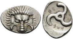Greek DYNASTS OF LYCIA. Perikles, circa 380-360 BC. Tetrobol (Silver, 18 mm, 2.86 g, 11 h). Lion's scalp facing. Rev. ΠΕ-PΕ-ΚΛE around triskeles. SNG von Aulock 4254-4255 var. Obverse carefully center