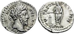 Roman Imperial Marcus Aurelius, 161-180. Denarius (Silver, 17 mm, 3.08 g, 5 h), Rome, 171. M ΛNTONINVS ΛVG TR P XXV Laureate head of Marcus Aurelius to right. Rev. VOTΛ SVSCEP DECENN II / COS III Marc