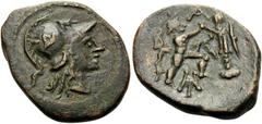 Greek KINGS OF MACEDON. Antigonos II Gonatas, 277/6-239 BC. Hemiobol (Bronze, 22 mm, 5.67 g, 9 h), contemporary imitation, uncertain mint. Helmeted head of Athena to right. Rev. B A Pan right, erectin