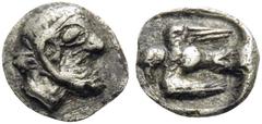 Greek IONIA. Magnesia ad Maeandrum. Themistokles, circa 465-459 BC. Tetartemorion (Silver, 5.5 mm, 0.21 g, 8 h). Diademed and bearded male head to right. Rev. Eagle flying to left. Nollé & Wenninger -