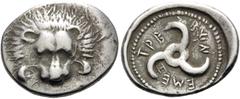 Greek DYNASTS OF LYCIA. Trbbenimi, circa 390-370 BC. Tetrobol (Silver, 17.5 mm, 1.95 g, 4 h). Lion's scalp facing. Rev. TPB-BEN-EME / H around Lycian Triskeles to left, with empty central circle. SNG 