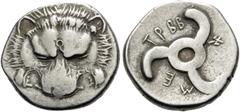 Greek DYNASTS OF LYCIA. Trbbenimi, circa 390-370 BC. Tetrobol (Silver, 15 mm, 1.68 g, 1 h). Lion's scalp facing. Rev. TPBB-E[NE]-ME around Lycian Triskeles to left, with empty central circle. SNG von 