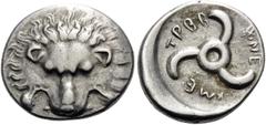 Greek DYNASTS OF LYCIA. Trbbenimi, circa 390-370 BC. Tetrobol (Silver, 16 mm, 1.99 g, 1 h). Lion's scalp facing. Rev. TPBB-ENE-ME around Lycian Triskeles to left, with empty central circle. SNG von Au