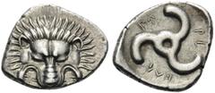 Greek DYNASTS OF LYCIA. Perikles, circa 380-360 BC. Tetrobol (Silver, 17 mm, 2.85 g). Lion's scalp facing. Rev. ΠΕ-PΕ-ΚΛE around triskeles. SNG von Aulock 4254-4255 var. Lightly toned and sharp. Struc