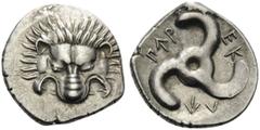 Greek DYNASTS OF LYCIA. Perikles, circa 380-360 BC. Tetrobol (Silver, 17 mm, 2.81 g). Lion's scalp facing. Rev. ΠΕP-ΕΚ-ΛE around triskeles. SNG von Aulock 4255. Well centered and attractive. Some stri