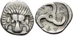Greek DYNASTS OF LYCIA. Perikles, circa 380-360 BC. Tetrobol (Silver, 16 mm, 2.74 g, 8 h). Lion's scalp facing. Rev. ΠΕP-ΕΚ-ΛE around triskeles. SNG von Aulock 4255. Toned. Some flatness, otherwise, v