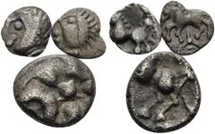 Celtic CELTIC, Central Europe. Fractions. 2nd -1st century BC. (Silver, 2.40 g). A lot of three silver fractions. (1). Vindelici. "Büschelquinar", 11 mm, 1.69 g. Kellner 158. (2). Vindelici. Obol, 8 m