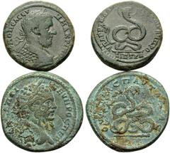Roman Provincial Septimius Severus and Macrinus. (Bronze, 27.12 g). Lot of two most interesting coins depicting serpents. (1). Septimius Severus, 193-211. Thrace, Pautalia. 30.5 mm, 14.47 g, 7h. Varba