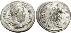Roman Imperial Macrinus, 217-218. Denarius (Silver, 19 mm, 2.55 g, 6 h), Rome. IMP C M OPEL SEV MACRINVS AVG Laureate and draped bust of Macrinus to right. Rev. AEQVITAS AVG Aequitas standing left, ho
