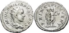 Roman Imperial Philip II, as Caesar, 244-247. Antoninianus (Silver, 23 mm, 4.72 g, 7 h), struck under Philip I, Rome, 244-246. M IVL PHILIPPVS CAES Radiate and draped bust of Philip II to right. Rev. 