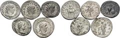 Roman Imperial Philip I, Philip II, Herennius Etruscus and Trebonianus Gallus, 244-253. (Silver, 20.31 g). Lot of five Antoniniani of the mid 3rd century. (1). Philip I, 23 mm, 4.33 g, 12h. RIC 28c. S