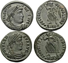 Roman Imperial Valens & Valentinian, 364-378. (Bronze, 4.55 g). Lot of two selected bronzes of Valentinian and Valens from Siscia. (1). Valens, 364-378. Siscia. 18 mm, 2.31 g, 12h. RIC 7b. (2). Valent