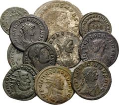 Roman Imperial ROMAN. Lot of 11 Coins, 3rd-4rth century AD. (Bronze, 40 g). Lot of 11 Bronze and Silvered Coins, including: Antoniniani of Aurelian, Numerian, Probus and follis of Constantius, Constan