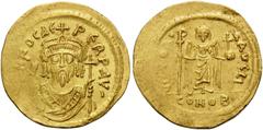 Byzantine Phocas, 602-610. Solidus (Gold, 21 mm, 4.43 g, 7 h), Constantinople, 10th officina, 603. O N FOCAЄ PЄRP AV' Crowned bust of Focas facing, wearing consular robes and holding mappa with his ri