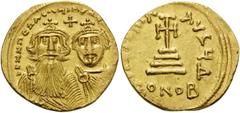 Byzantine Heraclius, with Heraclius Constantine, 610-641. Solidus (Gold, 21 mm, 4.43 g, 6 h), Constantinople 4th officina, 629-631. dd NN hЄRACLIVS ЄT hЄR[A CONST PP AVC] Crowned, with cross on circle