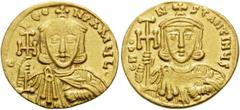 Byzantine Constantine V Copronymus, 741-775. Solidus (Gold, 19 mm, 4.46 g, 6 h), Constantinople, 741-751. d LЄON PA MЧL' Crowned bust of Constantine's father Leo III facing, wearing chlamys and holdin