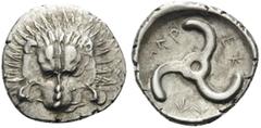 Greek DYNASTS OF LYCIA. Perikles, circa 380-360 BC. Tetrobol (Silver, 17 mm, 2.78 g, 12 h). Lion's scalp facing. Rev. ΠΕP-ΕΚ-ΛE around triskeles. SNG von Aulock 4255. Lightly toned, sharp example. Obv