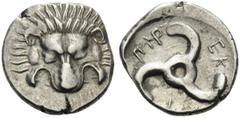 Greek DYNASTS OF LYCIA. Perikles, circa 380-360 BC. Tetrobol (Silver, 16 mm, 2.70 g). Lion's scalp facing. Rev. ΠΕP-ΕΚ-ΛE around triskeles. SNG von Aulock 4255. Lightly toned example. Reverse struck s