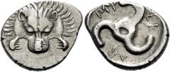 Greek DYNASTS OF LYCIA. Perikles, circa 380-360 BC. Tetrobol (Silver, 17 mm, 1.84 g, 10 h). Lion's scalp facing. Rev. ΠΕP-ΕΚ-ΛE around triskeles. SNG von Aulock 4255. A clear well struck example. Stru