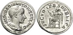 Roman Imperial Gordian III, AD 238-244. Denarius (Silver, 20 mm, 3.12 g, 1 h), Rome, 240. IMP GORDIANVS PIVS FEL AVG Laureate, draped and cuirassed bust of Gordian III to right. Rev. SECVRITAS PVBLICA