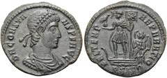 Roman Imperial Constans, 337-350. Follis (Bronze, 18.4 mm, 2.12 g, 12 h), Siscia, 2nd officina, 348-350. D N CONSTANS P F AVG Pearl-diademed, draped and cuirassed bust of Constans to right. Rev. FEL T