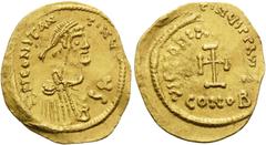 Byzantine Constans II, 641-668. Tremissis (Gold, 18 mm, 1.46 g), Constantinople. d N CONSTANTINЧS T P P AV (partially seen on the reverse) Diademed, draped and cuirassed bust of Constans to right. Rev