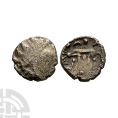 Celtic Iron Age Coins - Iceni - Norfolk Wolf Left - Base Gold Stater 1st century B.C. Obv: wreath cloak and crescents. Rev: wolf standing left with bird on back and pellets above. S. 31; BMC 218-278; 
