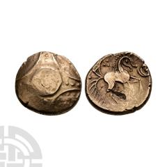 Celtic Iron Age Coins - Iceni - Freckenham Flower - Crescent Type Gold Stater 1st century B.C. Obv: three-petal flower with pellet centre within hollow cruciform with incurved sides and three pellets 
