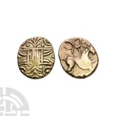 Celtic Iron Age Coins - Iceni - Irstead Trefoil - Gold Quarter Stater 1st century B.C. Obv: latticed square on crescents with projecting branches above and below and pellet-in-annulet at each corner. 