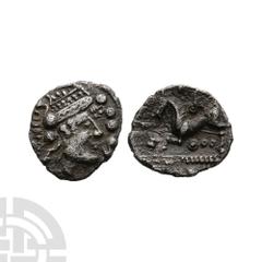 Celtic Iron Age Coins - Iceni - Bury Helmet - AR Unit Late 1st century B.C. Obv: helmeted(?) female head right with pellet triad behind eye and three pellets before face. Rev: horse left with pellet-i
