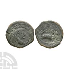 Ancient Roman Provincial Coins - Tiberius - Spain - Galley AE As 14-37 A.D. Saguntum mint. Obv: TI CAESAR DIVI AVG F AVG legend with bare head right. Rev: L SEMP GEMINO L VAL SVRA II VIR legend with g