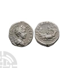 Ancient Roman Imperial Coins - Caracalla - Galley AR Denarius 202 A.D. Rome mint. Obv: ANTONINVS PIVS AVG legend with laureate and draped bust right. Rev: ADVENT AVGG legend with galley left with rowe